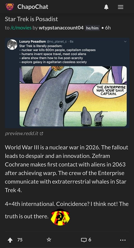 The meme is a screenshot of a Reddit post that says "In 2-3 sentences, describe this meme for someone who cannot see it."  The meme is a joke about a fictional scenario where the crew of the Starship Enterprise is being attacked by a giant space whale. The text on the image reads "The Enterprise is dead. Long live the Whale!"